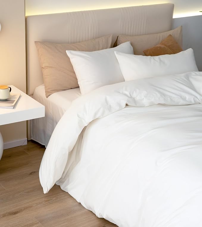 JIYUAN 100% Washed Cotton Duvet Cover Set 3 Pieces Oversized King, 1 Duvet Cover 120x98 Inches(Comforter Not Included) and 2 Pillowcases,Linen Feel Bedding Set Comfy and Breathable,Bright White