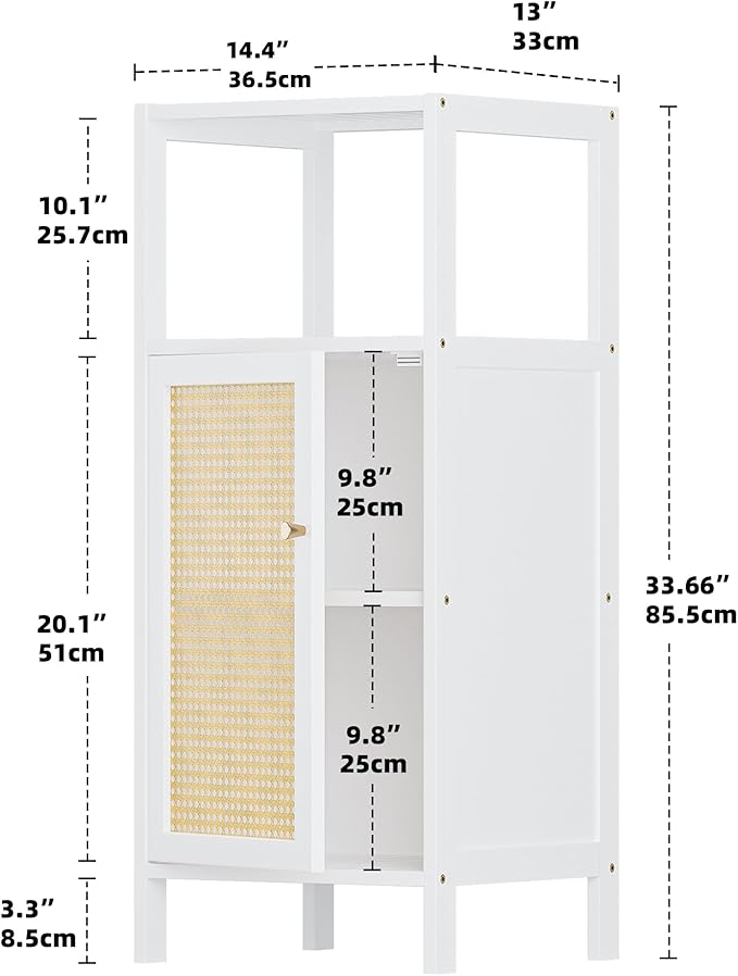 HITNET Bamboo Cabinet, Bathroom Storage Cabinet with Rattan Doors, Narrow Side Storage Organizer Freestanding Floor Cupboard for Small Space, White