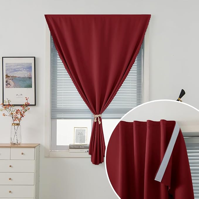 Self Adhesive Curtains, Stick Curtain Blackout Shades Window Cover Curtains for Living Room No Drilling, 35" W X 71" L, Burgundy, 1 Panel