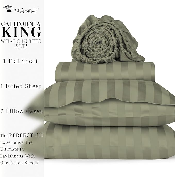 URBANHUT 1000 Thread Count Damask Striped California King Size Egyptian Cotton Sheets, Long Staple Soft & Breathable, 4 Pc Bed Sheet Sets, Luxury Hotel Sateen Sheets Fits 16" Deep Pocket - Sage