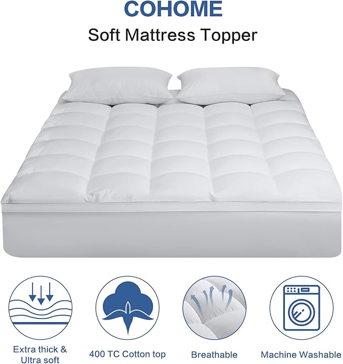 COHOME Full Size Mattress Topper Extra Thick Cooling Mattress Pad 400TC Cotton Top Plush Down Alternative Fill Pillow Top Mattress Cover with 8-21 Inch Deep Pocket (54x75 Inches, White-Classic)