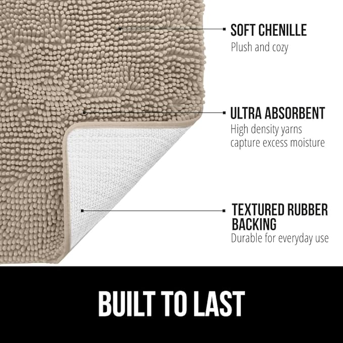 GORILLA GRIP Bath Rug Mat 48x24, Thick Absorbent Chenille, Quick Dry Microfiber Mats, Rubber Backing Washable Shower Floor Rugs, Bathmat Runner, US Designed Bathroom Home Decor Accessories Gray Beige