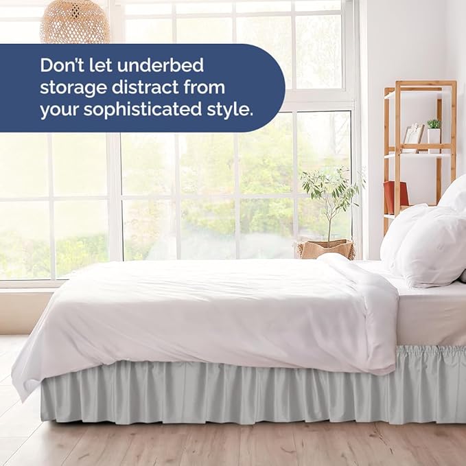 Wrap Around Dust Ruffle Bed Skirt - Light Grey - for King Size Beds w/ 16 Inch Drop - Easy Fit Elastic Strap - Adjustable Pleated Bedskirt with Brushed Fabric, Wrinkle Free Women, Men, Kids and Teens