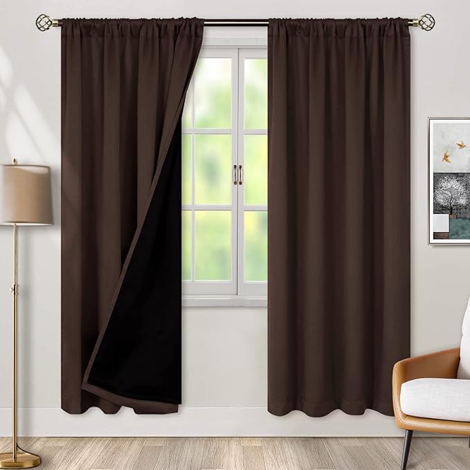 BGment Thermal Insulated 100% Blackout Curtains for Bedroom with Black Liner, Double Layer Full Room Darkening Noise Reducing Rod Pocket Curtain (42 x 84 Inch, Brown, 2 Panels)