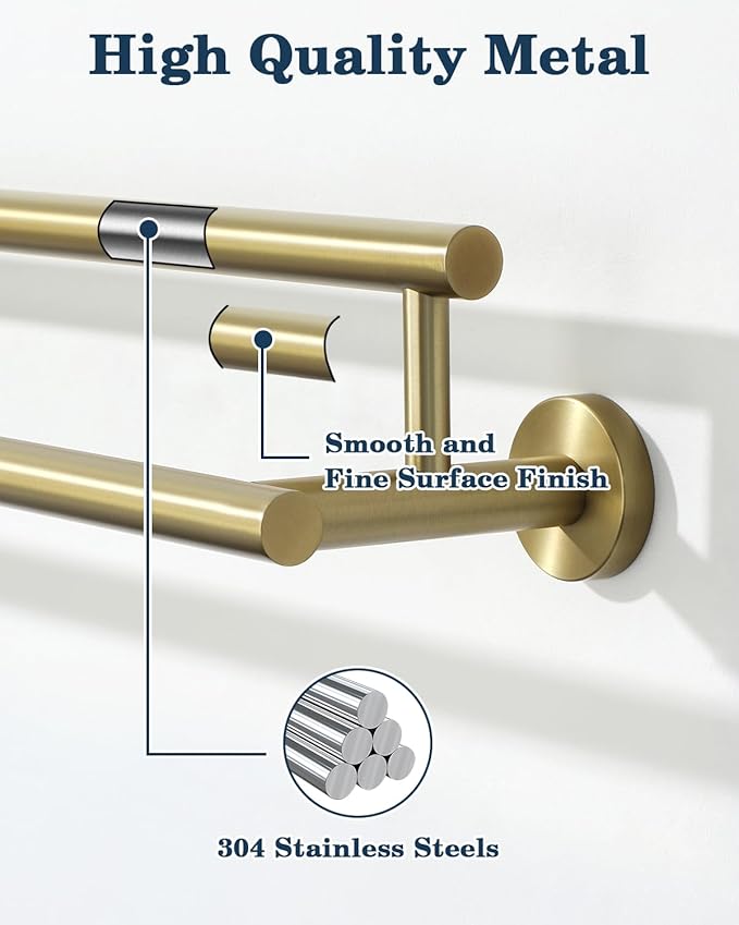 Alise Double Bath Towel Bars Towel Racks for Bathroom Lavatory,24 Inch Towel Holder SUS304 Stainless Steel Towel Hanger Towel Rail Wall Mount,Brushed Gold,GYT6902-G