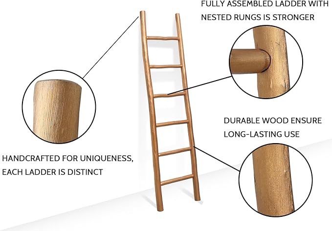 FUIN Fully Assembled 6ft Wood Blanket Ladder Living Room Decorative Wall Leaning Farmhouse Quilt Display Holder Rustic Wooden Towel Rack for Bathroom, Gold