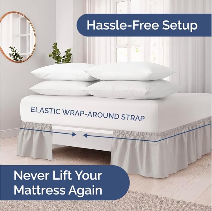 Wrap Around Dust Ruffle Bed Skirt - Light Grey - for Full Size Beds with 15 Inch Drop - Elastic Strap - Adjustable Pleated Bedskirt with Brushed Fabric and Wrinkle Free - for Women, Men, Kids & Teens