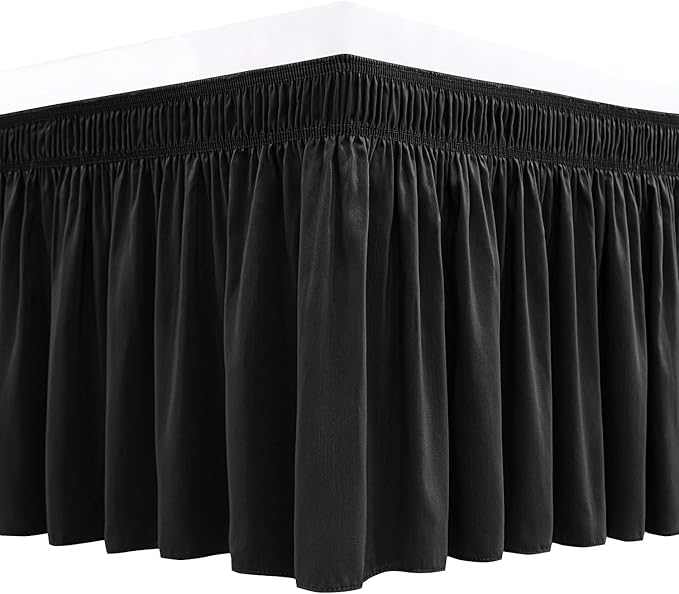 Biscaynebay Wrap Around Bed Skirts for Queen Beds 15" Drop, Black Adjustable Elastic Dust Ruffles Easy Fit Wrinkle & Fade Resistant Silky Luxurious Fabric Machine Washable