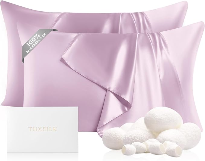 THXSILK Set of 2 Silk Pillowcase for Hair and Skin, 100% Mulberry Silk Bed Pillowcase 22 Momme, Hypoallergenic Soft Breathable Silk Pillow Case with Hidden Zipper, King Size 20"x36", Light Purple