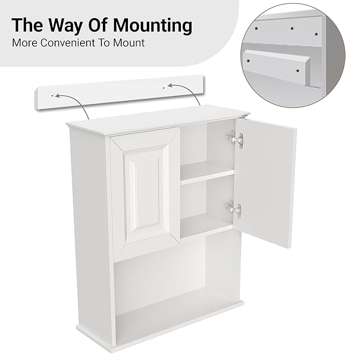 Bathroom Wall Cabinet Wooden with 2 Doors,Over the Toilet Storage Cabinet,Bathroom and Laundry Wall Mount Storage Medicine Cabinet with Open and Adjustable Shelf,Easy Assembly (Style B-1 PC, White)