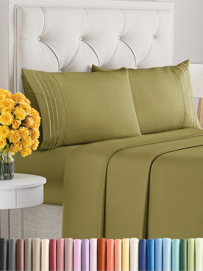 Cal King Size 4 Piece Sheet Set - Extra Soft, Breathable and Cooling Sheets - Hotel Luxury Bed Sheets for Women & Men - Deep Pockets, Easy-Fit & Wrinkle-Free Sheets - Olive Yellow Oeko-Tex Bed Sheets