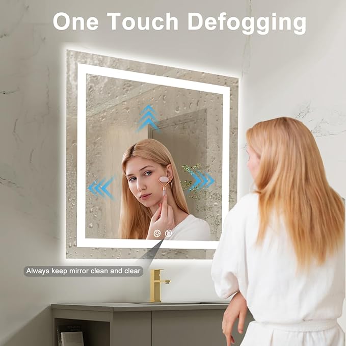 32 X 32 Inch Square LED Bathroom Vanity Mirror, 3 Colors Light Dimmable, Wall Mounted Memory Lighted Makeup Mirror with Anti-Fog Touch Switch (Front-lit&Backlit)
