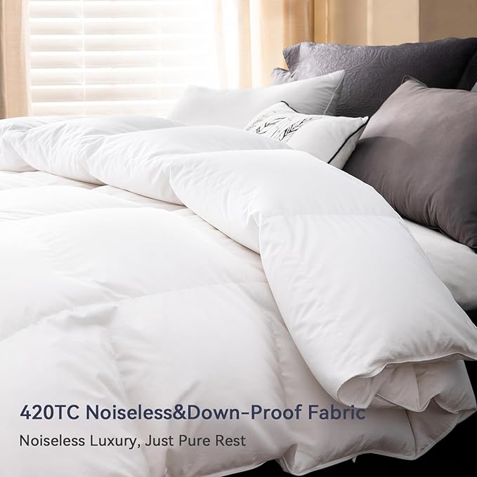 Globon Goose Down Comforter Queen Size All Season Down Duvet Insert,400 Thread Count Ultra Soft Noiseless Shell,800 Fill Power with Corner Tabs,White