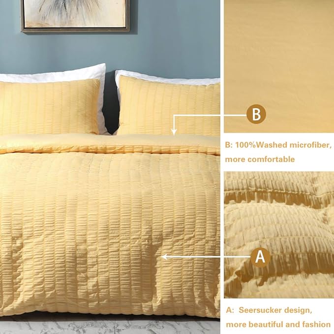 AveLom Seersucker Duvet Cover Set Queen Size (90 x 90 inches), 3 Pieces (1 Duvet Cover + 2 Pillow Cases), Yellow Ultra Soft Washed Microfiber, Textured Duvet Cover with Zipper Closure, Corner Ties