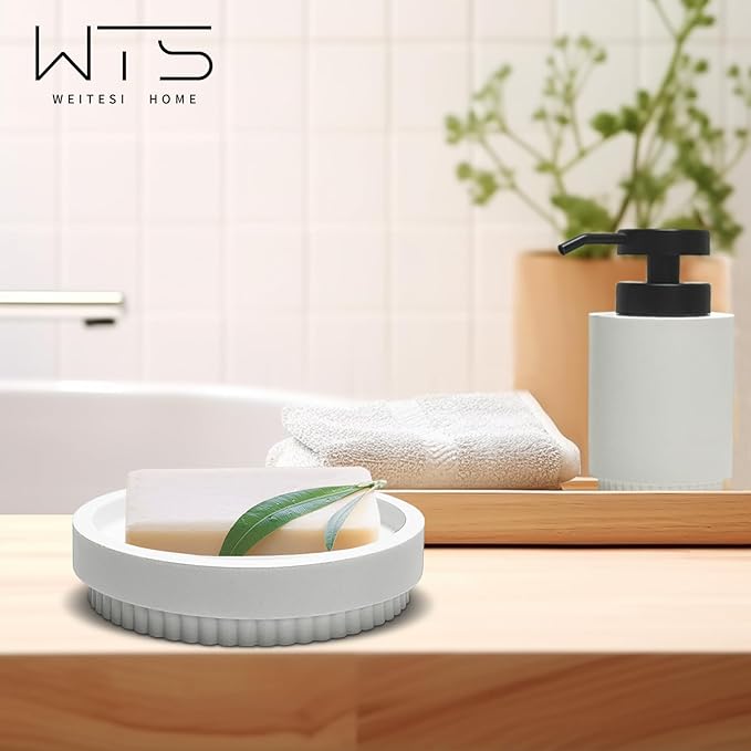 Resin Bathroom Accessories Set, 4 Pcs Modern Bathroom Accessory Set with Liquid Plastic Pump Lotion Soap Dispenser,2 Toothbrush Cup, Soap Dish Countertop Vanity Organizer(White)