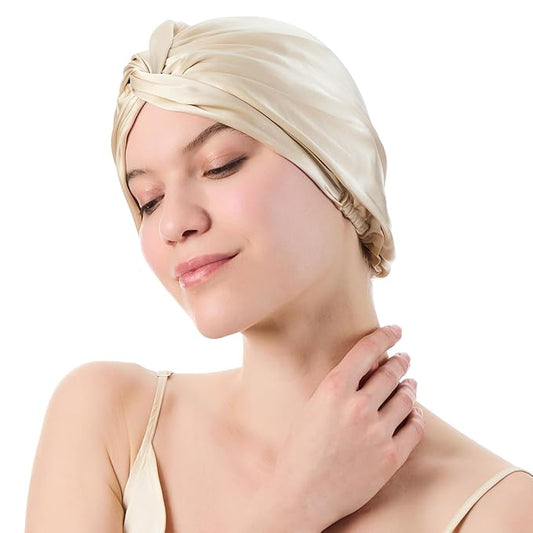 Silk Bonnet for Sleeping Women, 100% Mulberry Silk Sleep Cap with Elastic Band, Real Mulberry on Both Sides, Champagne