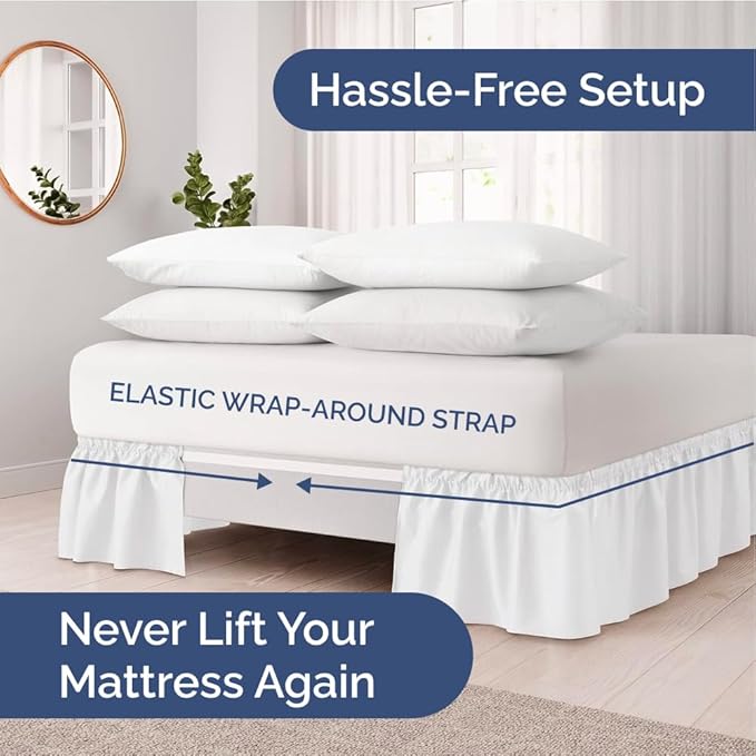 Wrap Around Dust Ruffle Bed Skirt - White - for Queen Size Beds with 24 Inch Drop - Easy Fit Elastic Strap - Adjustable Pleated Bedskirt w/Brushed Fabric - Wrinkle Free - for Women, Men, Kids & Teens