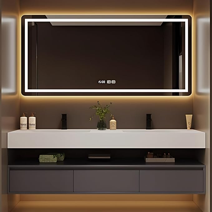 88IN Bathroom Vanity Double Sink - Double Sink Bathroom Vanity Set Include Smart Defogging Bathroom Mirror Cabinet with LED Light Strips, Abundant Storage Space with 3 Drawers (Mirror)