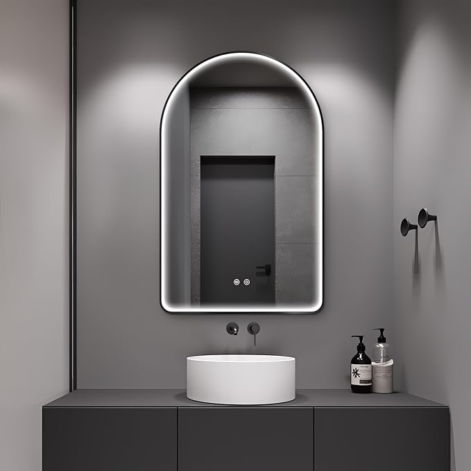 Niccy Arched LED Bathroom Mirror, 48"x30" Black Framed Arch Wall Lighted Mirrors, Arching Frontlit Vanity-Mirror with Memory Function for Bathroom Bedroom, Defogger and 3 Color, Explosion-Proof