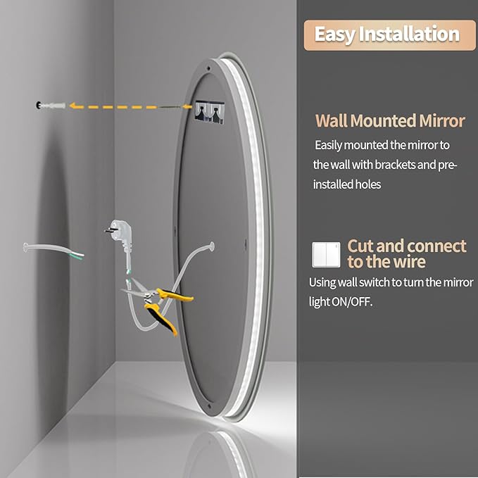 LUVODI Lighted LED Bathroom Mirror: 24” Circle Lighted Dimmable Wall Mounted Vanity Mirror with Bright Backlit - Smart Mirror Anti Fog with Touch Switch for Restroom Bedroom Living Room