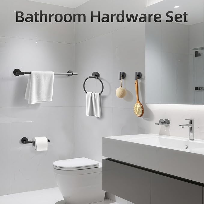 Matte Black Bathroom Hardware Accessories Set 5 Pieces, SUS304 Stainless Steel Bathroom Towel Bar Toilet Paper Holder Set Wall Mounted-19 Inch Towel Bar, Toilet Paper Holder, Towel Hooks, Towel Ring