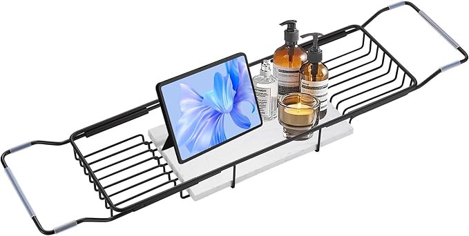 BVL Bathtub Tray Stainless Steel with Marble Base Matte Black Bathtub Tray with White Marble Base Adjustable & Rustproof Bath Caddy for Spa, Relaxation, Bath Bombs