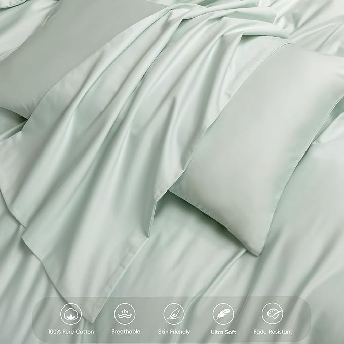 MooMee Duvet Cover Set 100% Extra Long Staple Cotton 600 Thread Count Silky Sateen Smooth Luxury Soft Breathable Durable Hotel Quality Bedding, 3 Pieces (Sage Green, Queen 90"x90")
