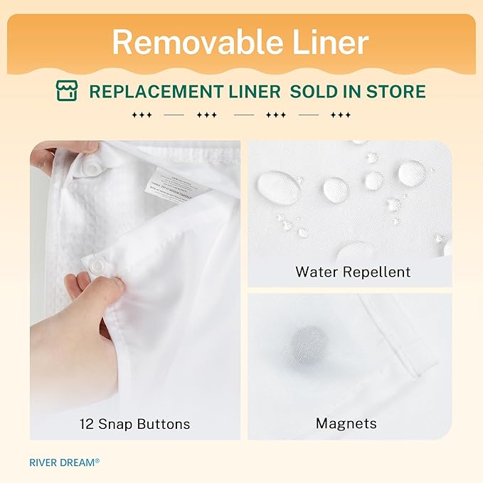 River Dream Heavyweight No Hooks Required Dotted Waffle Weave Shower Curtain with Snap in Liner - 71W x 98H,Hotel Grade,Spa Like Bath Curtain,White