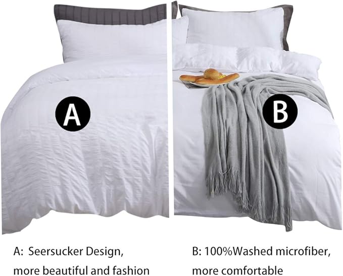 AveLom White Duvet Cover Queen (90 x 90 Inches)， 3 Pieces (1 Duvet Cover + 2 Pillow Cases) Stripe Zipper Closure Corner Ties Soft Washed Microfiber Duvet Cover for Men, Women
