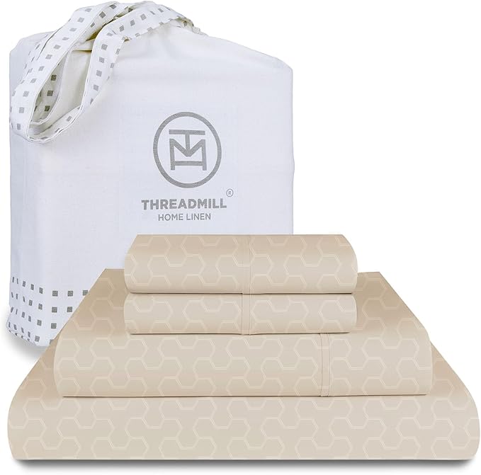 Threadmill Cotton Queen Sheet Set | 500 Thread Count 100% Cotton Sheets for Queen Size Bed | Damask Jacquard Queen Bed Sheets Set with 16” Deep Pocket Fitted | Soft Sateen Cooling Bedding Set | Beige