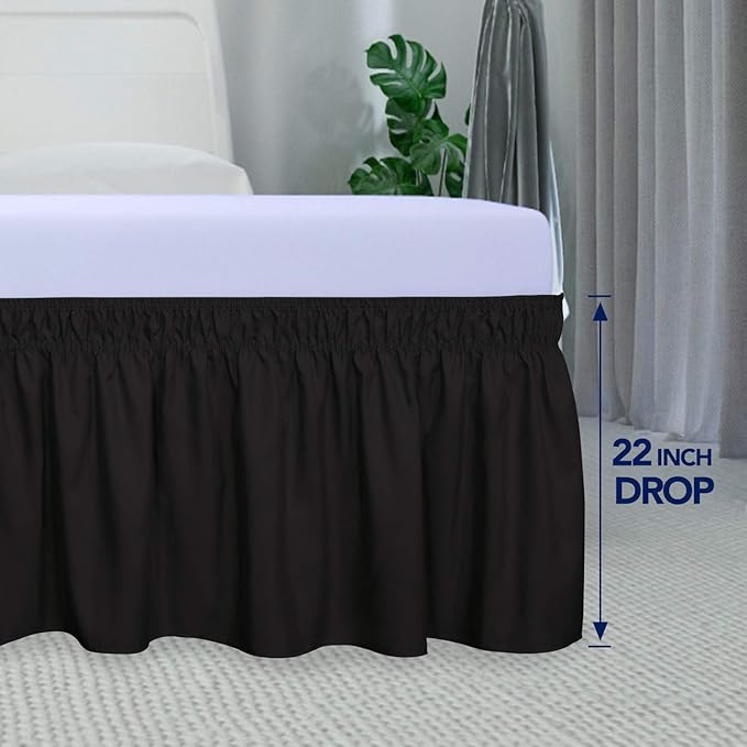 PureFit Wrap Around Ruffled Bed Skirt with Adjustable Elastic Belt - 22 Inch Drop Easy to Put On, Wrinkle Free Bedskirt Dust Ruffles, Bed Frame Cover for Queen, King and C-King Size Beds, Black