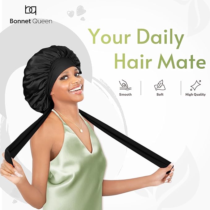 BONNET QUEEN Silk Bonnet for Sleeping Women Satin Bonnet Night Sleep Cap Wrap for Curly Hair with Adjustable Tie Band, Single Layer, Black+Rose Gold