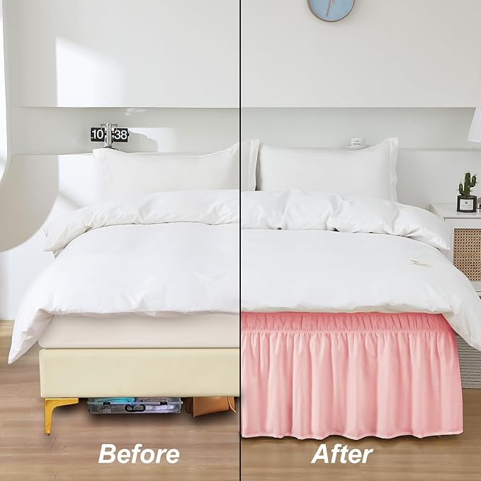 MEILA Wrap Around Bed Skirt Three Fabric Sides Elastic Dust Ruffled 14 Inch Tailored Drop,Easy to Install Fade Resistant-Pink, Queen/King