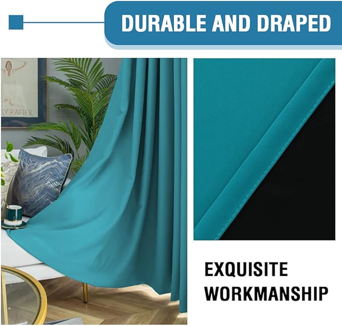 H.VERSAILTEX 100% Blackout Curtains for Bedroom Thermal Insulated Blackout Curtains 96 Inches Long Rod Pocket/Clip Rings Curtains for Living Room with Black Liner 2 Panels, Turquoise Blue