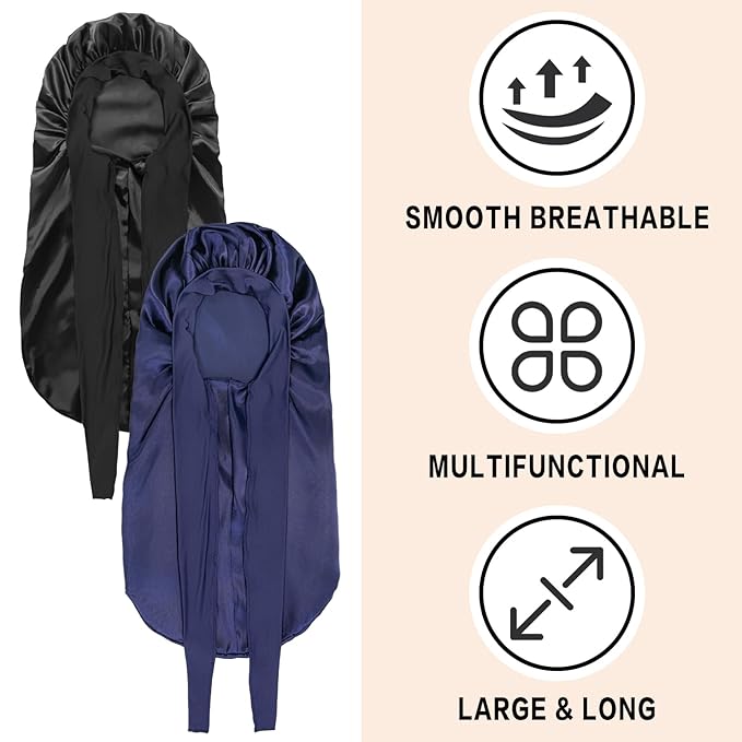 2Pcs Bonnets for Black Women Braid Bonnet, Large Long Satin Bonnet for Braids, Silk Bonnet with Stretchy Tie Band Sleep Cap Hair (2Pcs-Black&Dark Blue)