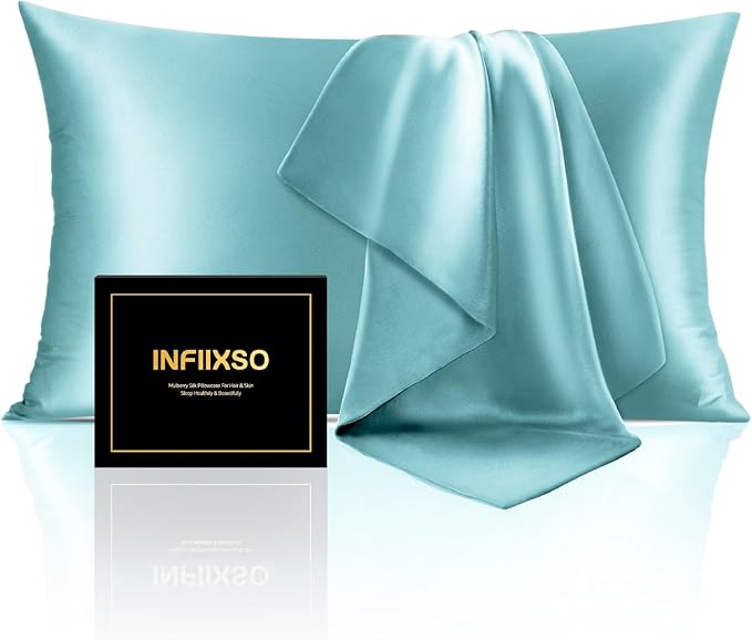 INFIIXSO Mulberry Silk Pillowcase for Hair and Skin, Silk Pillow Cases Standard Size with Hidden Zipper 20x26 Inches, Ultra Smooth and Soft Cooling Pillow Cases for Hot Sleepers(Ocean Mist, 1 Pack)