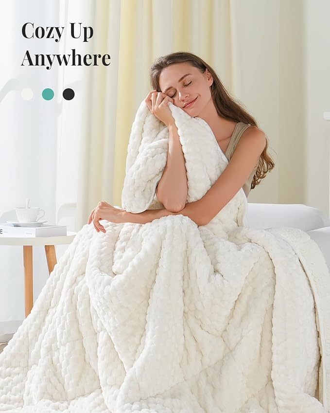 Topblan Weighted Blanket for Adults (48" x 72" 15lbs, Cream White), Soft Sherpa Twin Size Heavy Blanket, 3D Jacquard Flannel Fleece Weighted Blankets for Couch and Bed