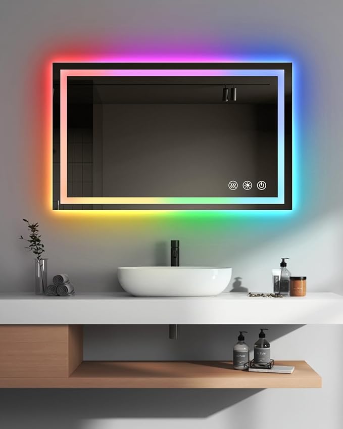 oneup 40x24 Inch LED Bathroom Mirror,RGB Color Changing Bathroom Mirror with Lights,Anti-Fog Wall-Mounted Vanity Mirrors,Smart Dimmable Multicolor Lighted,IP54 Waterproof (Horizontal/Vertical)