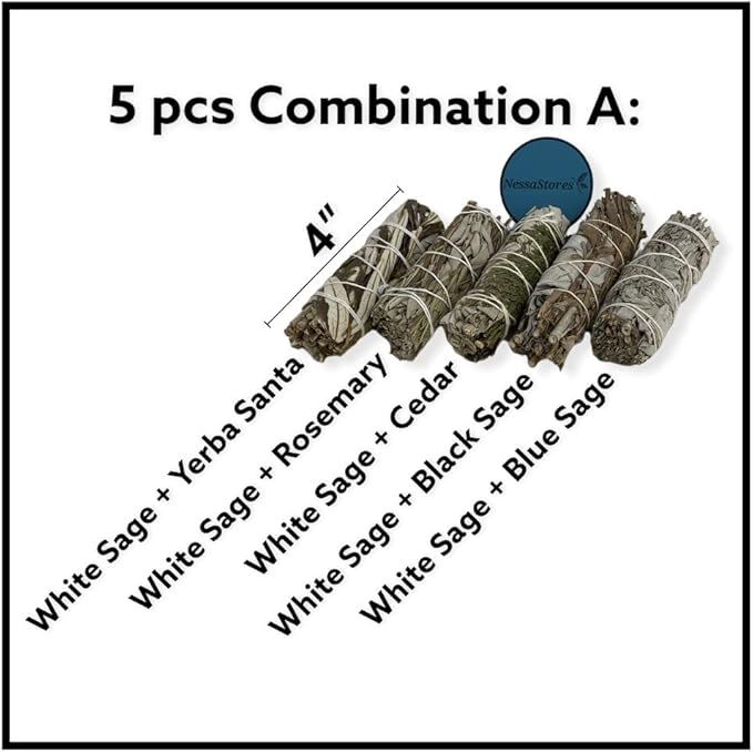 NESSASTORES - White Sage Mixture Smudge Sampler Kit 4" Bundles #JC-230 (2 Kits, 5 pcs Combination A)