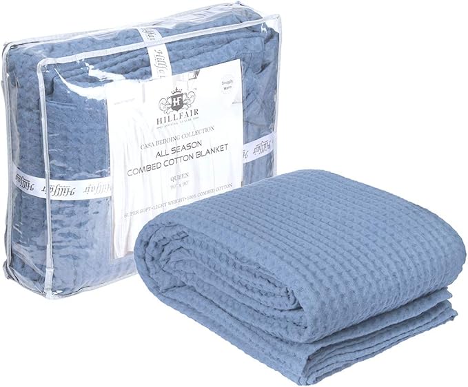 HILLFAIR 100% Combed Cotton Blanket– King Size Bed Blankets– Warm Soft All Season Breathable Lightweight Summer Blankets– Waffle Weave Home Decor Bed Blanket- Blue King Bed Cotton Blankets/Bedcovers