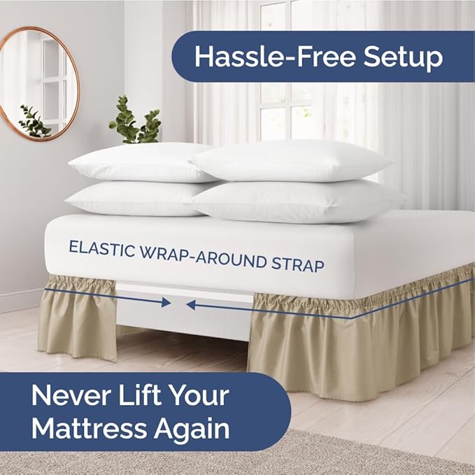 Wrap Around Dust Ruffle Bed Skirt - Beige - Twin/Twin XL Size Beds with 15 Inch Drop - Easy Fit Elastic Strap - Adjustable Pleated Bedskirt w/Brushed Fabric - Wrinkle Free - Women, Men, Kids & Teens