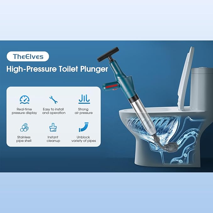 TheElves Toilet Plunger Heavy Duty Pro, Electric High Pressure Toilet Clog Remover Tool, Powerful Bathroom Plunger with Holder for Drain Cleaning - Green