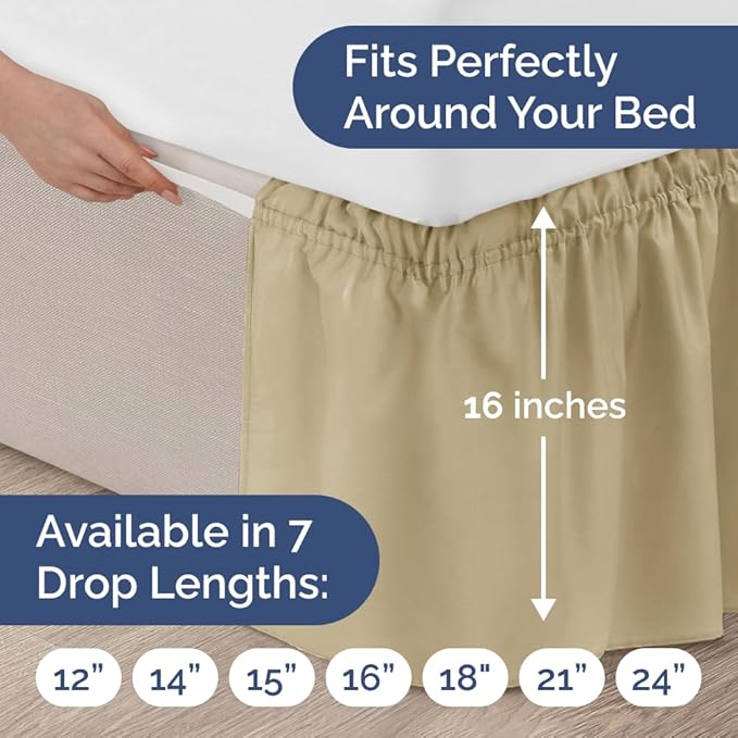 Wrap Around Dust Ruffle Bed Skirt - Beige - for King Size Beds w/ 16 Inch Drop - Easy Fit Elastic Strap - Adjustable Pleated Bedskirt w/Brushed Fabric, Wrinkle & Fade Free Women, Men, Kids & Teens