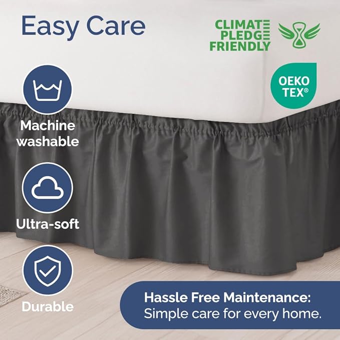 Wrap Around Dust Ruffle Bed Skirt - Charcoal - for King Size Beds w/ 15 Inch Drop - Easy Fit Elastic Strap - Adjustable Pleated Bedskirt w/Brushed Fabric - Wrinkle Free - for Women, Men, Kids & Teens