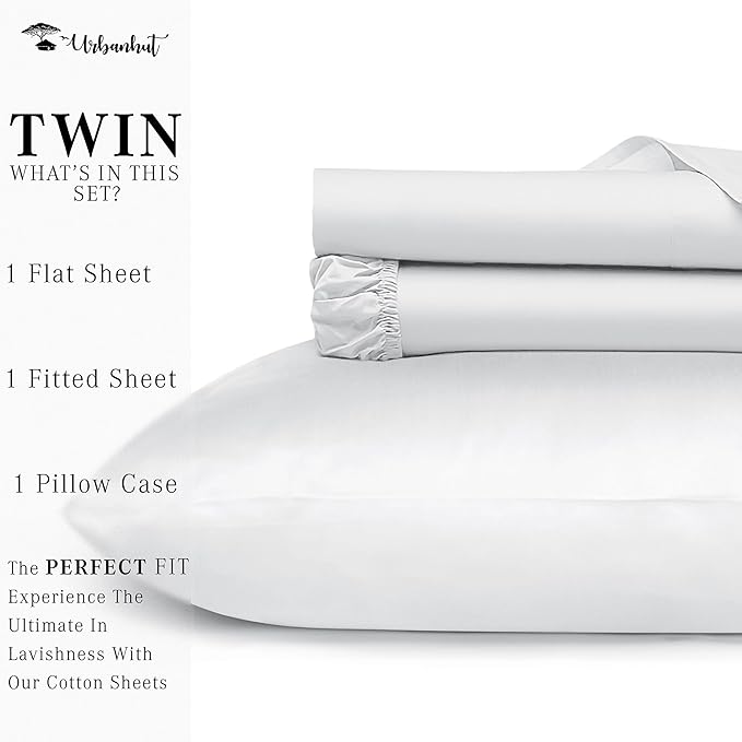 URBANHUT 100% Egyptian Cotton Sheets - 1000 Thread Count Twin White Sheet Set (3Pc), Long Staple Cotton Sheets, All Season Sateen Weave, Luxury Hotel Twin Bedsheets,16" Deep Pocket
