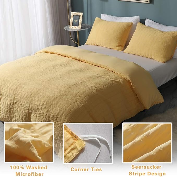 AveLom Yellow Duvet Cover King (104 x 90 inches), 3 Pieces (1 Duvet Cover + 2 Pillow Cases), Seersucker Textured Ultra Soft Washed Microfiber, Textured Duvet Cover with Zipper Closure, Corner Ties