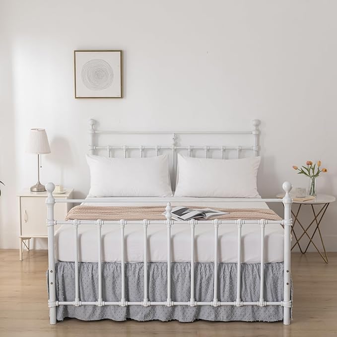 Tufted Dot Bed Skirt Queen Size Ruffled Bed Skirt with Split Corners, 18 Inch Drop Dust Ruffle Bed Skirts with Platform, Light Grey