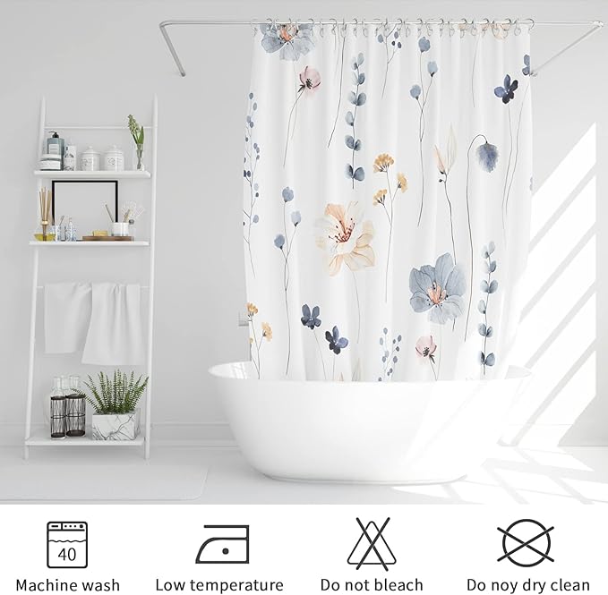 Gibelle Long Shower Curtain 72 x 78, Watercolor Floral Fabric Shower Curtain, Blue Beige Flower Decorative Bathroom Shower Curtain Set with Hooks