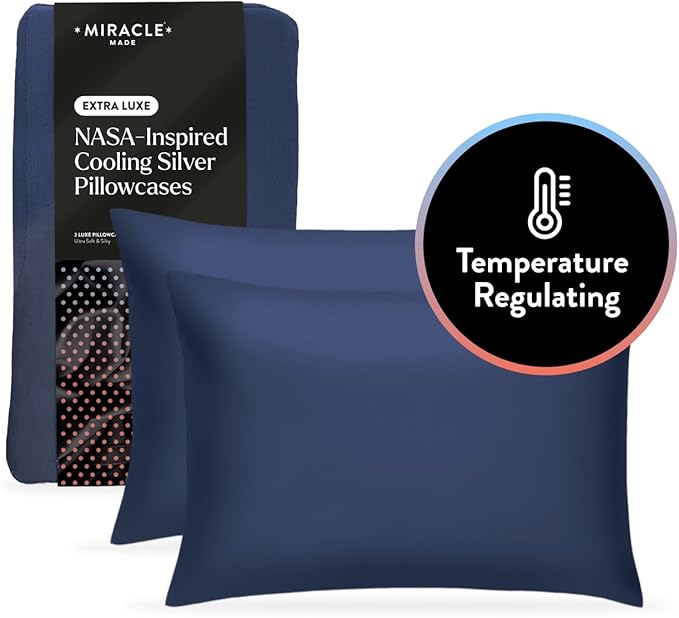 Miracle Made Extra Luxe Soft Cooling Pillowcase, 2-Piece Silver-Infused Cotton Fabric – Lightweight, Thermoregulating, Breathable Cover for Sensitive Skin, King/Cali King Size, Navy Blue