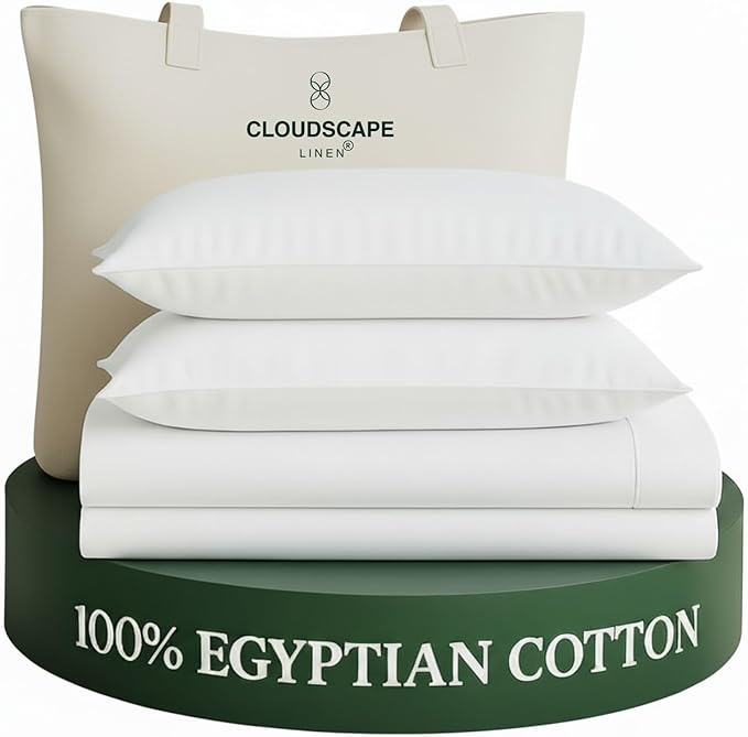 Cloud Scape Linen Engineered Dual-Ply Egyptian Cotton Queen Size Sheet Set – Long-Staple Sateen Weave, 4-Piece Soft Hotel Quality Bedding Set,Deep Pockets Up to 17”, White
